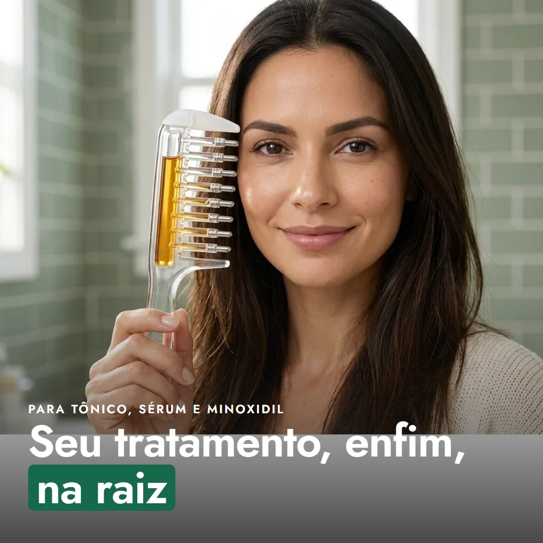 Mulher segurando o Pente Infusor com o tônico no reservatório